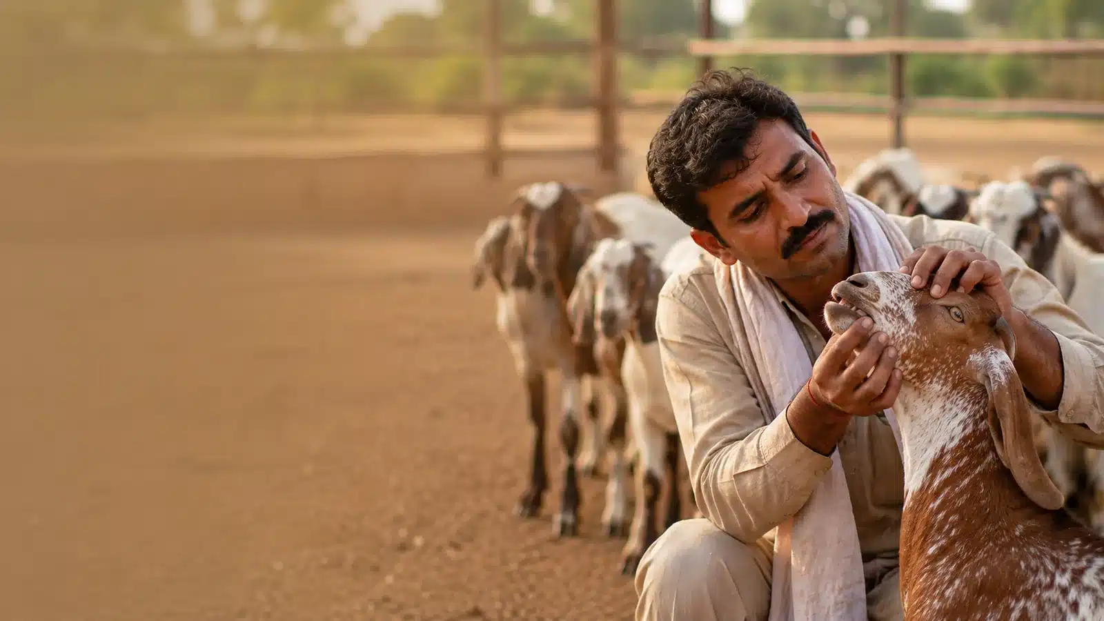 Farmer checking a goat's health