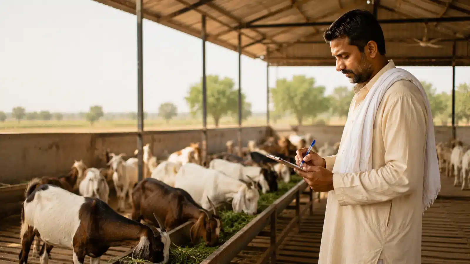 Goat farmer doing daily rounds with a checklist