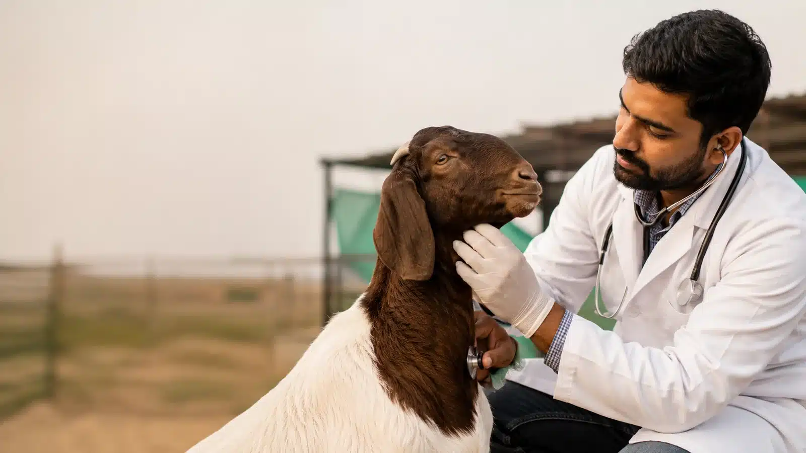 Veterinarian examining a healthy goat