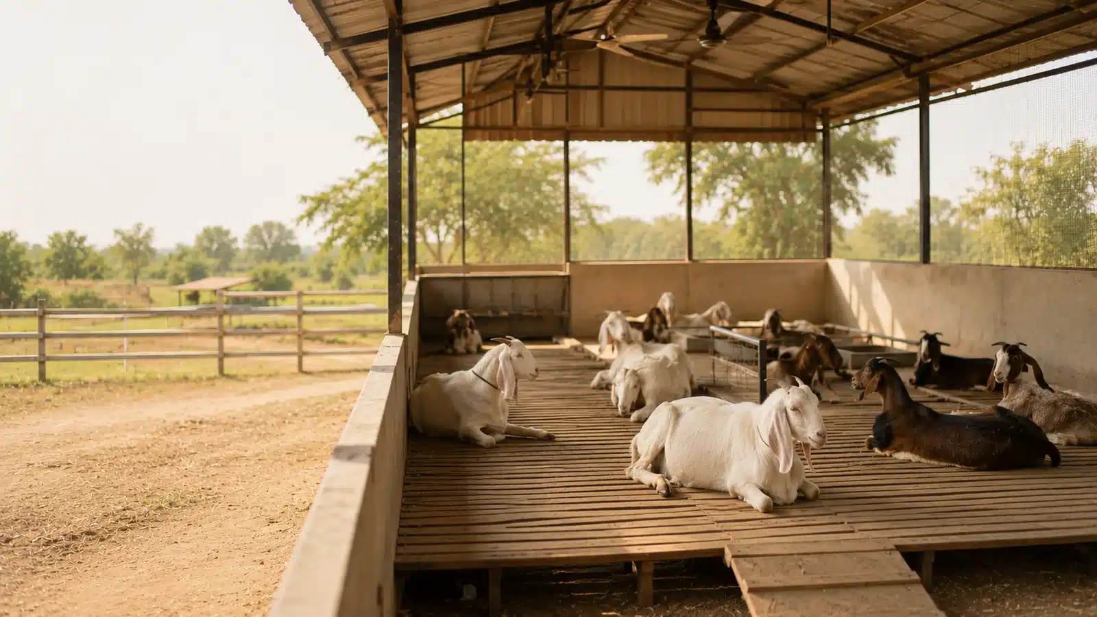 Well-built goat shelter with clean dry bedding