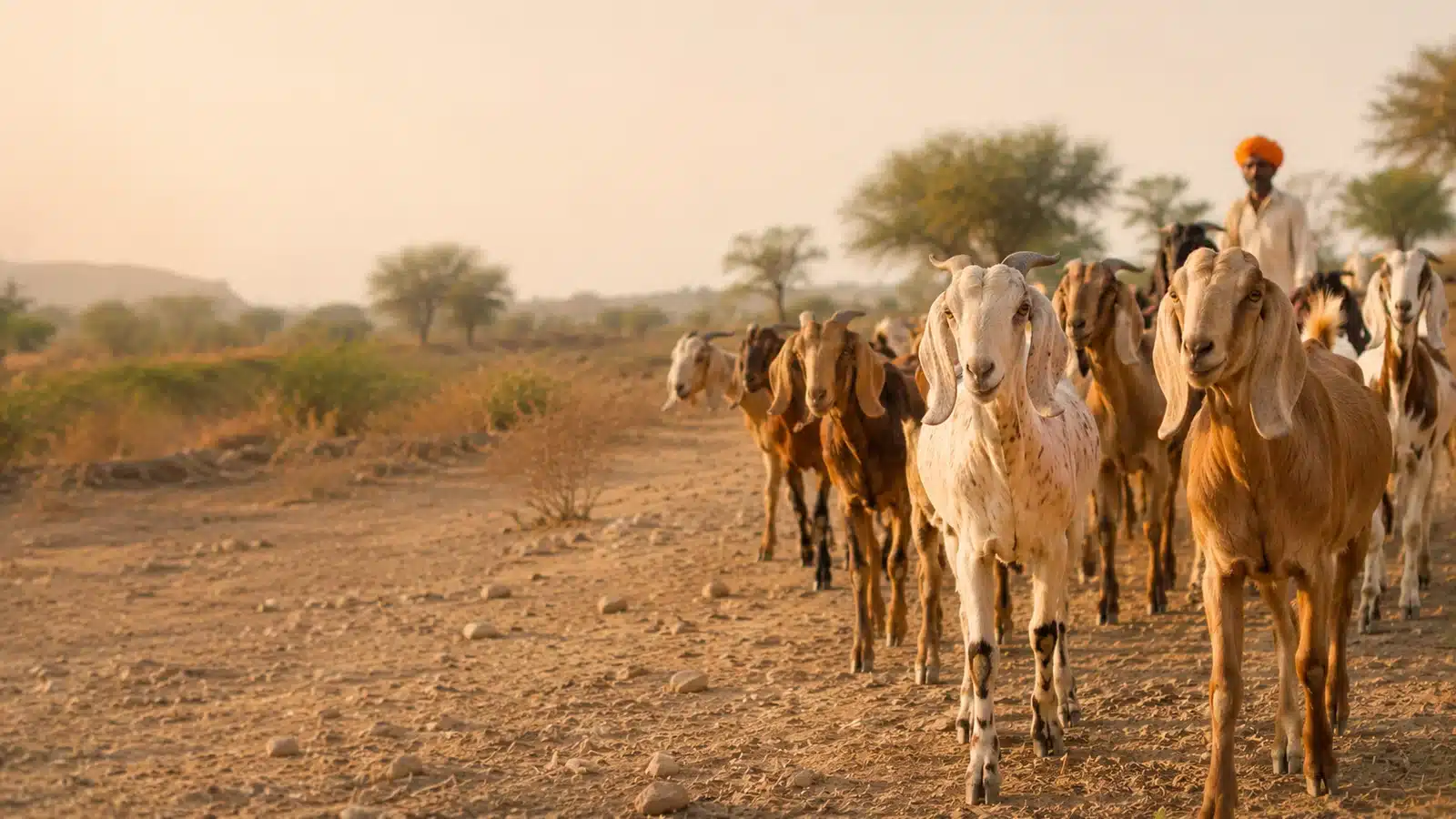 Indigenous Indian goats in a rural Rajasthan landscape